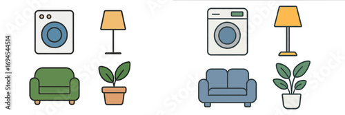 Household appliance and furniture items: washing machine, floor lamp, armchair, potted plant for home living
