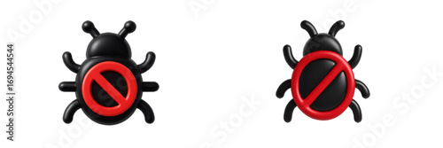 Pair of stylized black bug icons with prominent red prohibition signs, symbolizing pest control, insect repellent, or software bug prevention