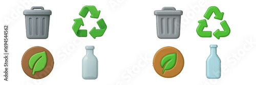 Detailed 3D render of environmental conservation symbols including recycling bin, green arrows, fresh leaf, and blue bottle