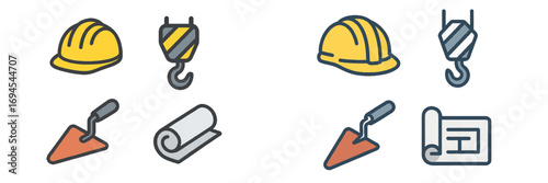 Construction site safety equipment and building tools including hard hat, crane hook, trowel, and architectural blueprint