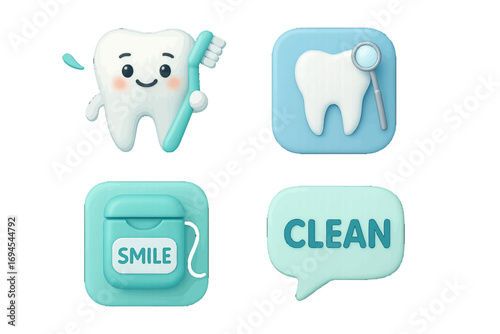 Oral hygiene concept with happy tooth character, toothbrush, dental floss, and magnifying glass