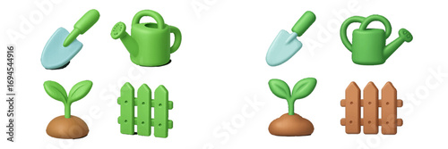 Vibrant collection of essential gardening tools, watering can, young plant sprout, and picket fence elements for spring season