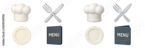 Modern restaurant and kitchen symbols: chef hat, crossed fork and knife, dinner plate, menu book on white background