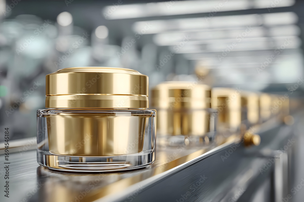 custom made wallpaper toronto digitalClose-up of luxury cosmetic jars on a conveyor belt in a modern manufacturing facility, showcasing efficiency and elegance.