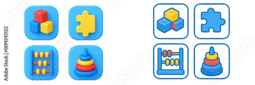 Vibrant collection of children's educational toys featuring building blocks, a puzzle piece, an abacus, and a stacking ring pyramid