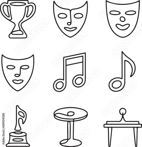 performing, arts, and, theater, icons, in, a, continuous, line, art, style, with, drama, masks, music, notes, and, awards, vector