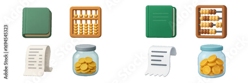 Essential financial and educational tools depicted as stylized icons: books, abacus, receipts, and coin jars for budgeting and savings