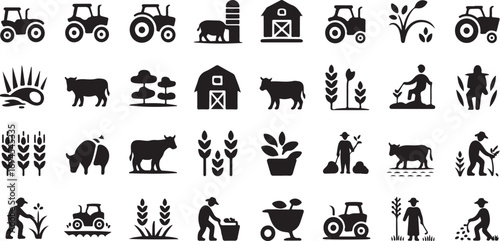 Farm Machinery & Crops Glyph Icon Set – 40 Black Silhouette Agricultural Symbols