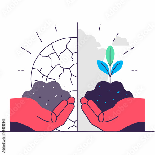 Hands holding soil with plant symbolizing growth and environmental change  