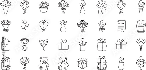Floral Gift & Bouquet Outline Icon Collection – 40 Linear Flower Service Symbols