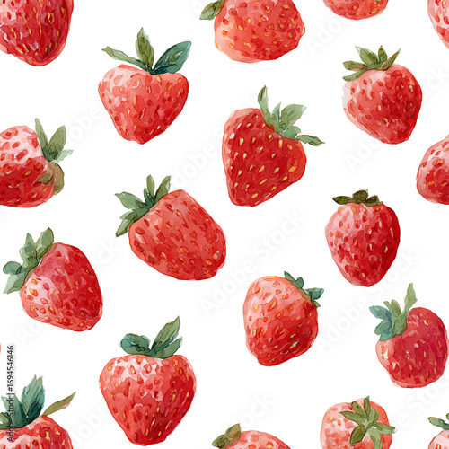 Seamless watercolor strawberry pattern on black background, hand painted fruit texture