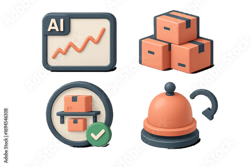 Modern 3D-style business and logistics symbols for data analysis, shipping, inventory management, and notifications