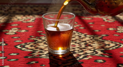 Traditional Turkish Tea Being Poured into Glass on Red Carpet in Sunlight