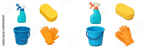 Colorful household cleaning tools and equipment set including spray bottles, sponges, buckets, and rubber gloves