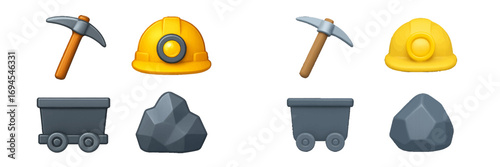 Essential mining industry equipment set featuring a yellow hard hat, pickaxe, dark gray mine cart, and rough ore stone