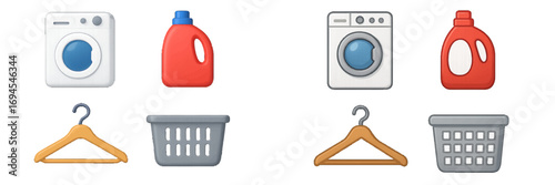 Essential household laundry appliances and cleaning products collection for washing clothes and home care tasks