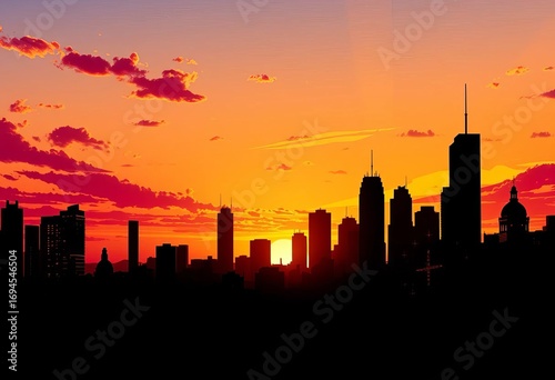 Cityscape silhouette at sunset, cartoon style, comic book background, cityscape, style
