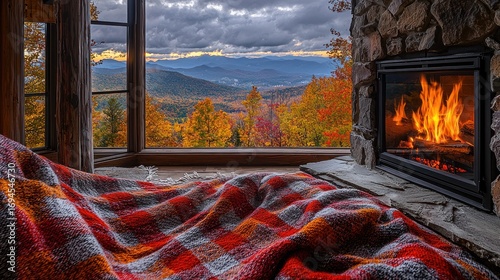 Cozy autumn view from a log cabin