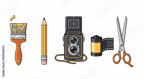 Creative hobby tools set with vintage camera flat vector illustration