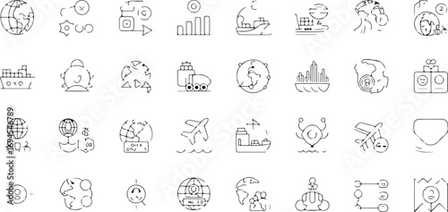 Global Business & Trade Line Icons – 40 Thin Outline International Commerce Symbols