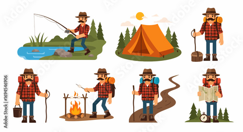 Outdoor adventure character set for hiking and camping flat vector