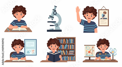 Schoolboy Studying with Science Elements Flat Vector Illustration