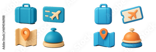 Vibrant collection of travel and tourism related icons featuring a blue suitcase, airplane ticket, location map pin, and hotel service bell
