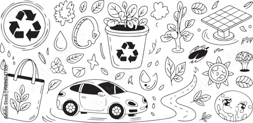 Green Planet Doodle Art Set – 40 Cute Eco-Themed Sketch Icons