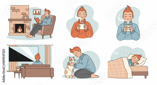 Vector illustration man relaxing at home indoors