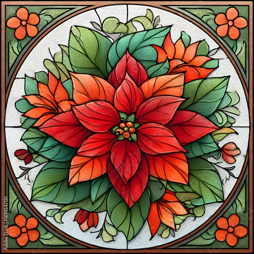 A vibrant, detailed artwork showcasing a blooming poinsettia surrounded by lush foliage, perfect for festive decor and nature appreciation.