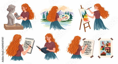 Flat vector illustration of young woman artist creating art various mediums