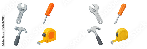 Essential household repair and construction tools set including wrench screwdriver hammer and tape measure