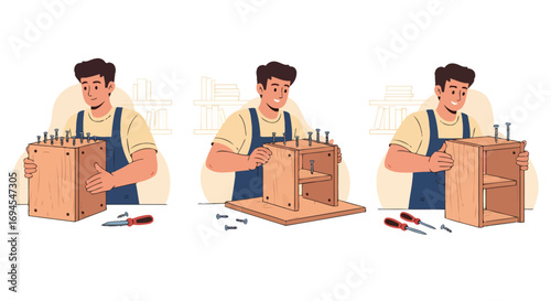 Vector illustration craftsman assembling wooden furniture using screws and tools