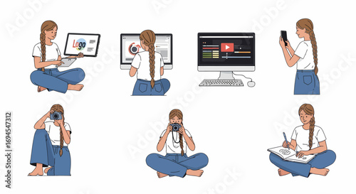 Flat vector woman working on laptop computer and taking photo