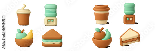 Cute stylized food and beverage icons with coffee cups, water coolers, fruit bowls, and sandwiches
