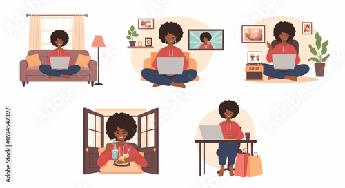 Flat vector illustration woman working on laptop at home