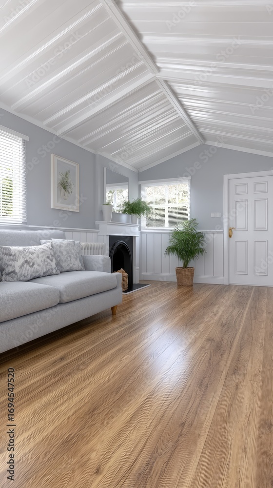 Obraz premium Modern living room with cozy decor, wooden flooring, and natural light in a stylish suburban home