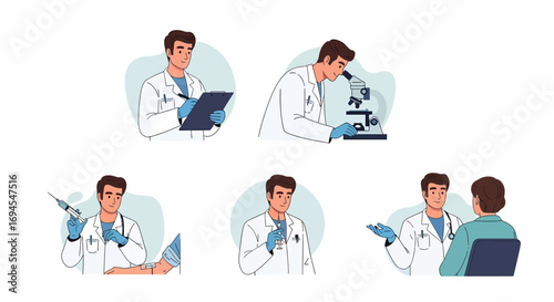 Flat vector doctor performing medical examination and patient consultation