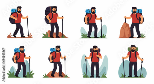 Flat vector illustration of hiker with backpack and trekking poles