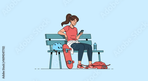 Flat vector illustration of a young woman sitting on a park bench with skateboard and helmet