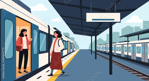 Flat vector illustration of people boarding a modern train at a station platform