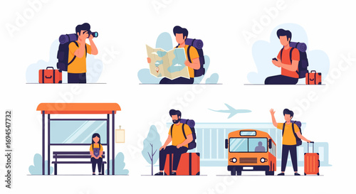 Vector illustration of traveler with backpack on various travel activities