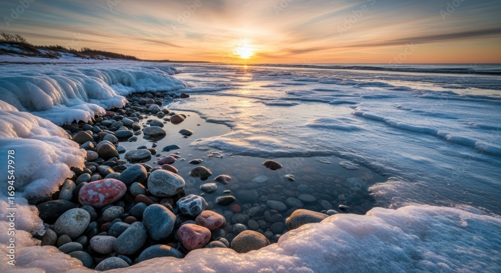 Obraz premium Frozen shore scene, sun setting over icy lake, rocky beach