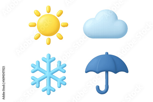 Collection of weather forecast symbols including sun, cloud, snowflake, and umbrella for climate conditions