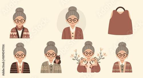 Flat vector portrait collection older women wearing cardigans and glasses