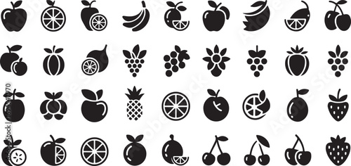 Healthy Produce & Berry Glyph Icon Set – 40 Black Silhouette Symbols