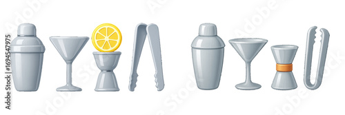 Assorted bar tools and glassware for cocktail creation