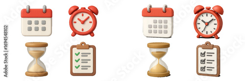 Modern 3D style icons for time management, scheduling, productivity, and task organization in business and daily life