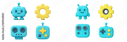 Cute cartoon robots, friendly alien characters, mechanical gears, and modern game controllers with device icons