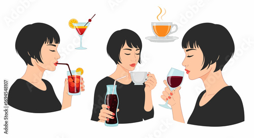 Flat vector women enjoying various drinks coffee cocktail and wine